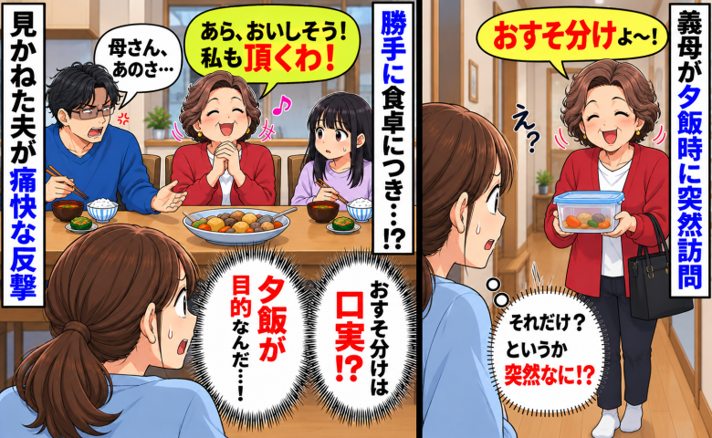 夕飯時に突然来て勝手に食卓につく義母「私も頂くわ！」は？家族分しかないのに→夫の痛快な反撃の結果