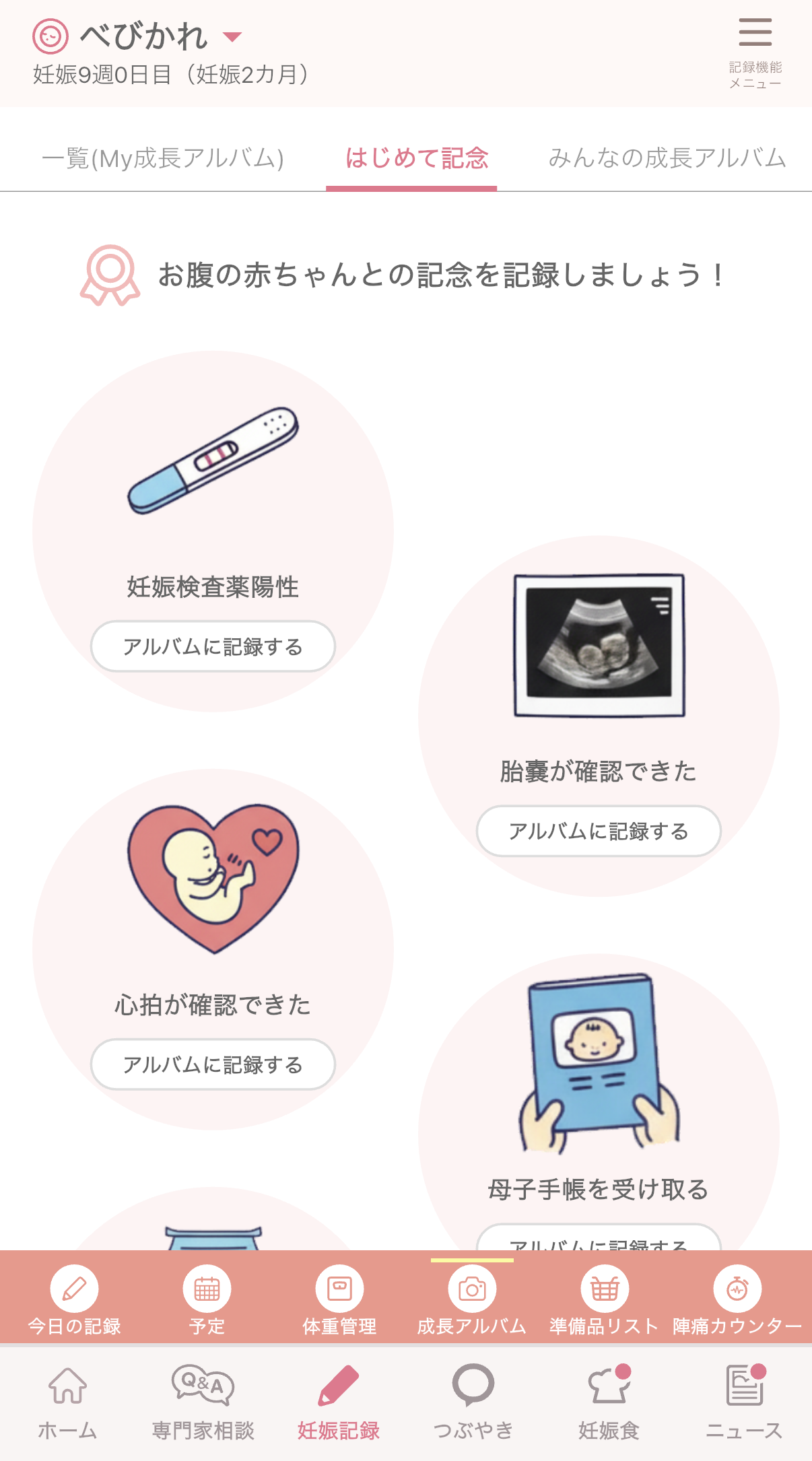 はじめて記念の記録画面