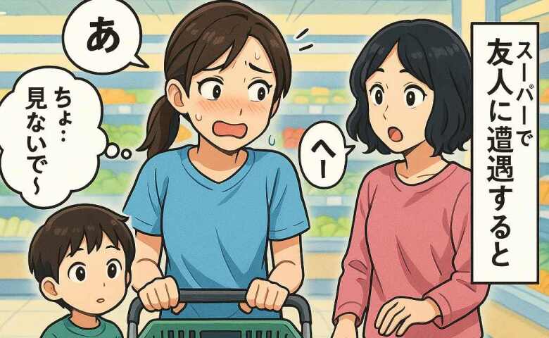 「ちょ…見ないで！」子どもとスーパーで買い物中にママ友に遭遇…買い物かごを見られて思わず赤面したワケとは…