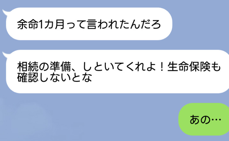 余命1カ月の私の遺産を狙う夫「遊んで暮らせる〜♪」私「実は…」現実を伝えた夫を待ち受けていたのは