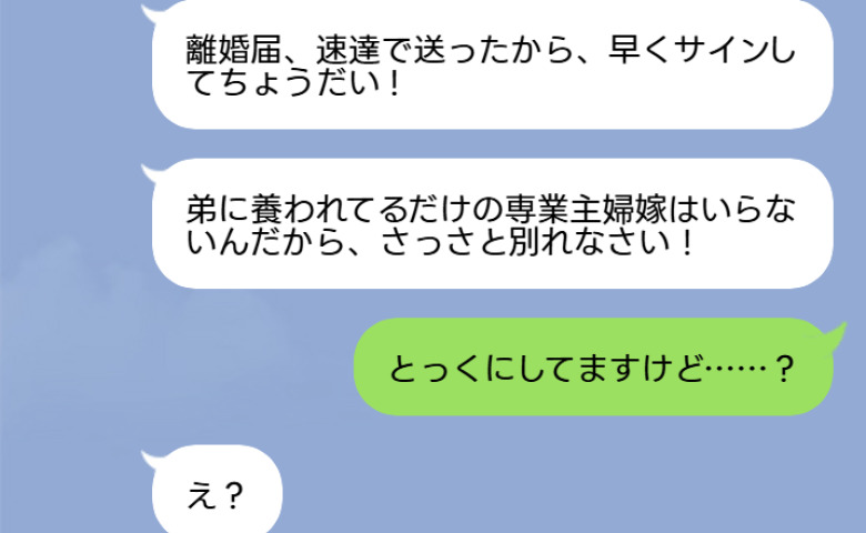 義姉「離婚届送ったからサインして弟と別れろ！」私「とっくにしてますが…？」専業主婦の私を見下す義姉と夫の哀れな末路