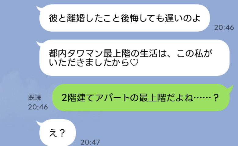 元夫の再婚相手「タワマン最上階は私のもの♡」私「2階建てアパートの最上階？」→数日後、彼女が私に泣きついてきたワケ