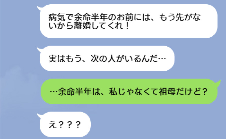 夫「余命半年の嫁とは離婚！看取りはごめん」私「私じゃなく祖母だけど？」浮気相手から証拠が自爆送付された結果