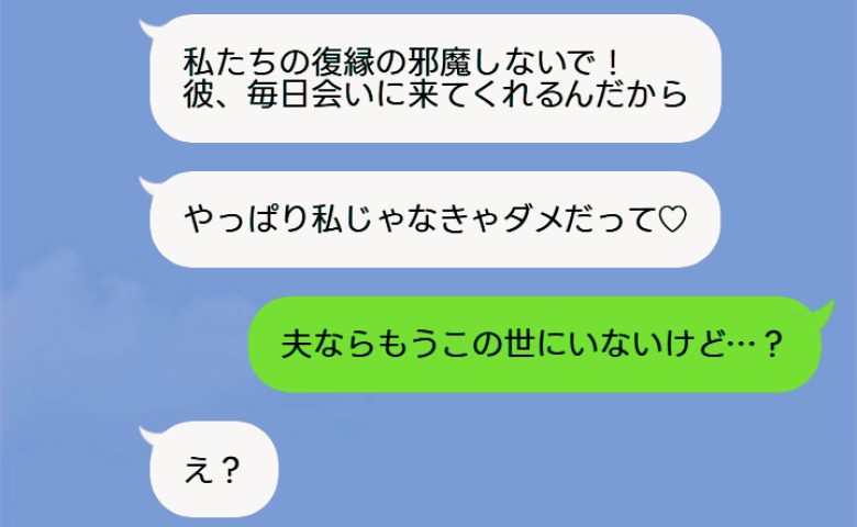 元奥さん「彼、やっぱり私じゃなきゃダメって♡」私「夫はもうこの世にいないけど？」真実を知った彼女が青ざめたワケ