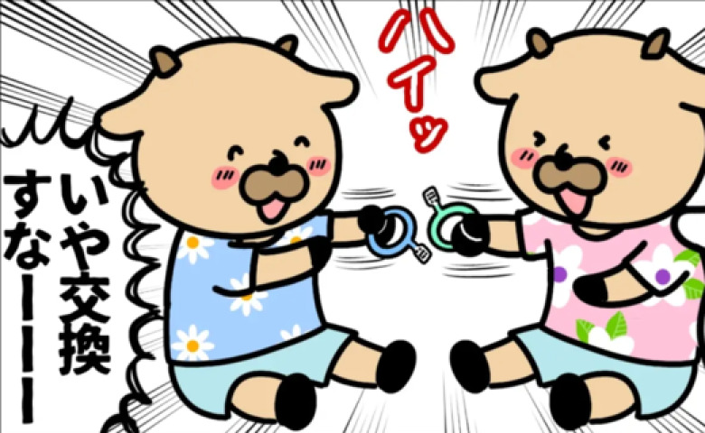 「いや、交換すなー！」1歳双子の歯磨きタイム！仕上げ磨きから逃れようとする2人の驚きの行動とは？