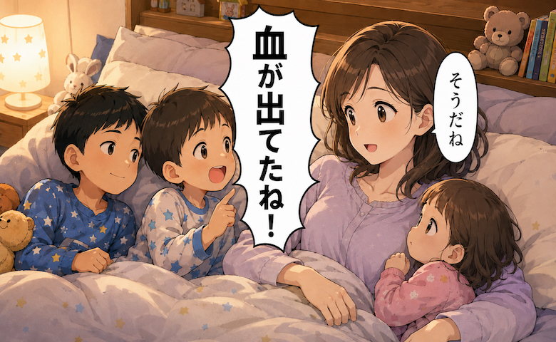 ワンオペお風呂で子どもたちが「出てる！」大騒ぎ→生理について伝えた数年後…子どもたちの変化は