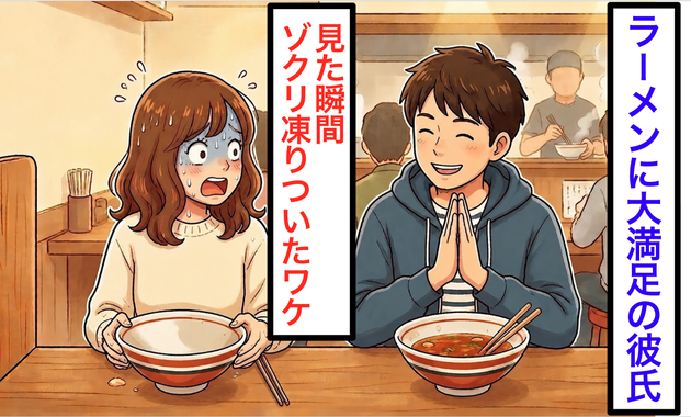 ラーメン屋で「旨かった〜！」満足げな彼氏にゾッ…！【その食べ方、マナー違反では？？】"ラーメン屋さん"がピシャリ回答！