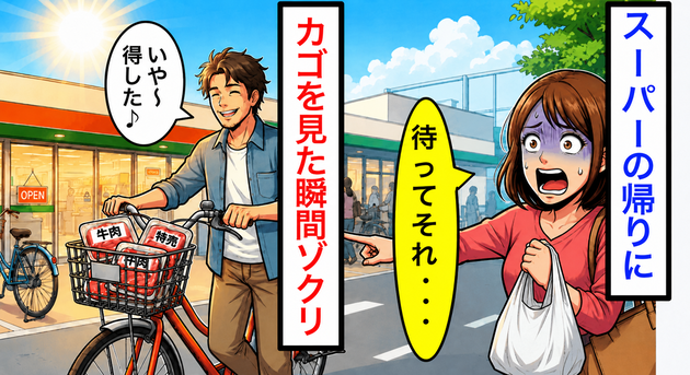 「いや〜、得した得した♪」スーパー帰り、男性が笑顔で自転車に乗ろうとした瞬間、私が【ゾッとした理由】“背筋が寒くなる”真相とは