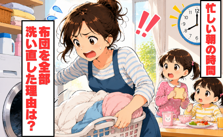 平日のドタバタな朝。「忙しいのに…！」シーツだけでなく、掛け布団まで洗濯する怒涛の事態に！？