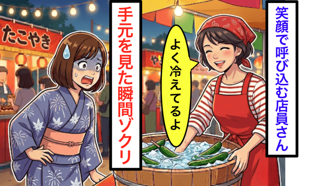 店員「いらっしゃい！よく冷えてるよ〜♪」屋台で足を止めた女性が、直後「ぎゃー！やめて！！」と声にならない悲鳴をあげたワケ