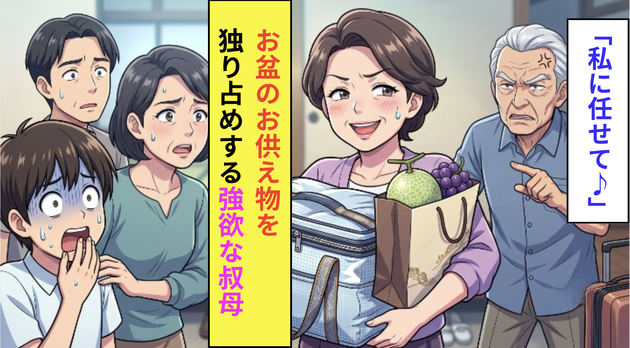 「私に任せて♪」お盆のお供え物を独り占めする"強欲な叔母"に親戚一同が唖然…→本家の伯父がズバッと一刀両断！