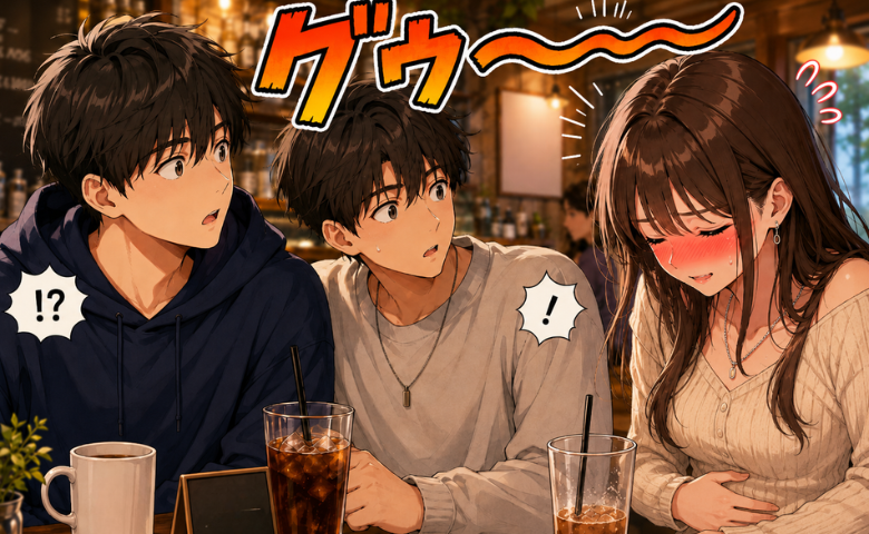 「グゥ～」親友に彼女を紹介→ホッとしていると…静かな中で響いた「盛大な音」に彼女が赤面！？