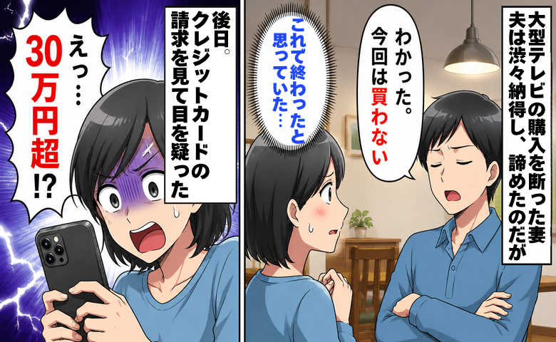私「テレビは買わないで」夫「わかった」→数週間後、家族カードに身に覚えのない30万円超の請求が