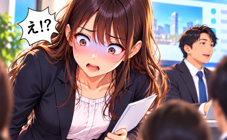 「え、赤いシミ…」隣には男性上司、目の前には学生たち…焦った私がとっさに取った行動は