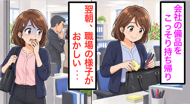 【会社のペンをこっそり持ち帰り…】「これくらい平気でしょ♪」→翌朝、上司たちの“不穏な会話”を耳にして…「えっ、まさか私のこと！？」