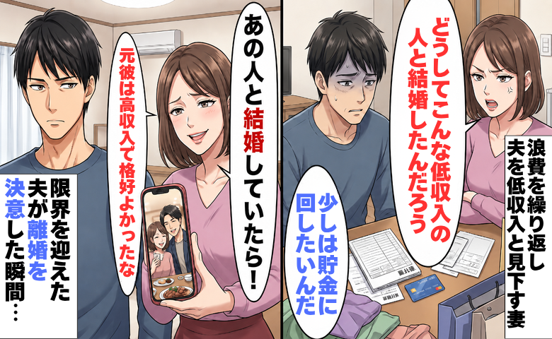 「あの人と結婚していたら…」元彼と夫を比べ「低収入」と見下す妻。離婚を告げると態度が一変