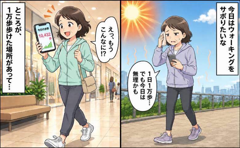 「今日はウォーキングをサボりたいな」暑い日や雨の日は休みがち。気付けば1万5千歩に達した場所