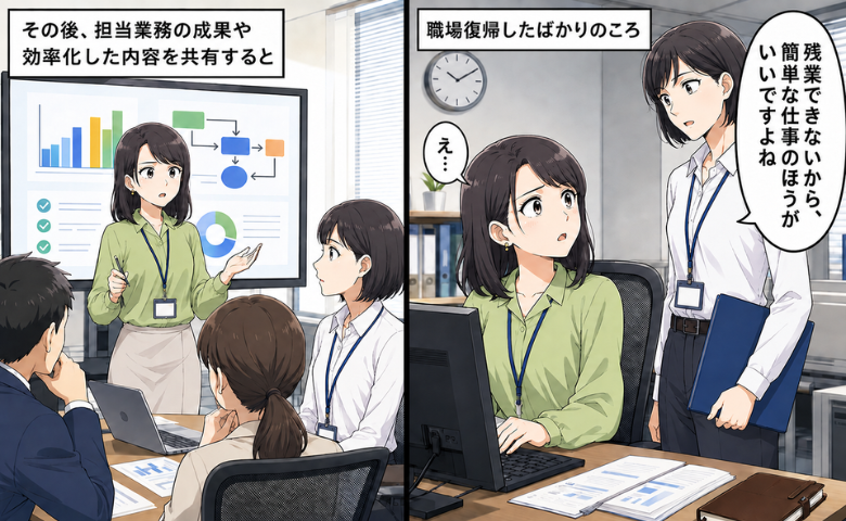年下同僚「残業できないから、簡単な仕事のほうがいいですよね」職場復帰した私が成果を共有した結果