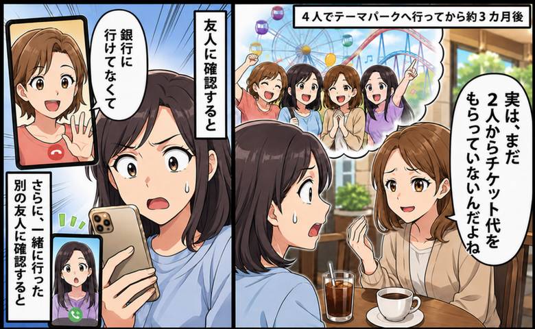 友人「銀行に行けてなくて」テーマパークのチケット代を3カ月未払い。一緒に行った友人に確認すると