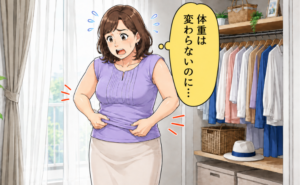 体重が変わらないのに去年の服が似合わなくなったと感じる女性のイメージ