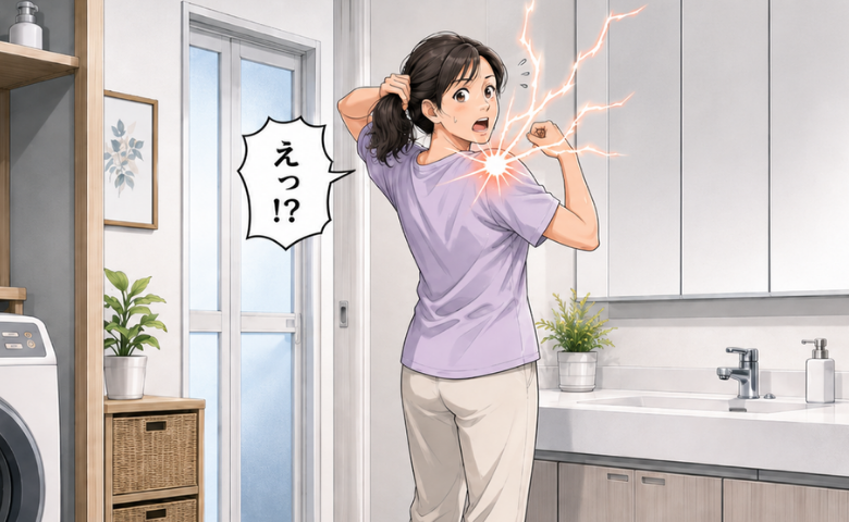 髪を束ねようとしたところ、肩に電流が走ったかのような痛みを感じた女性のイメージ