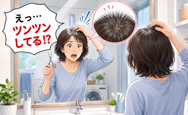切った白髪が頭頂部でツンツンしていることに驚く女性のイメージ