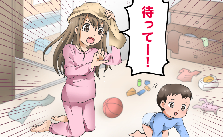 ハイハイで逃げる赤ちゃんを必死に追いかける母親のイラスト