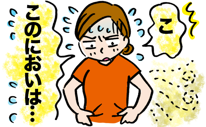 着用したTシャツから漂ってくるにおいを嗅いで、何かに気づいた女性のイラスト