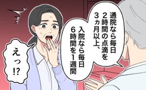 医師から治療方法の説明を受け、中年女性が驚いている様子