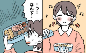 義母から渡された弁当を嬉しそうに開ける女性。しかし中身を見て「なんで…？」とおかずの隙間に食材ではないものを見つけ絶句しているイラスト