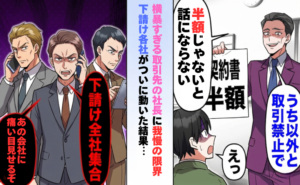 横暴な取引先社長を成敗すべく、下請けが一致団結している様子