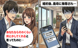義母に侮辱され、婚約破棄を告げる男性