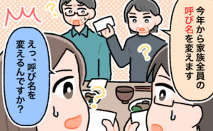 「今年から家族全員の呼び名を変えます」と宣言する義母に対し、困惑する夫婦と義父の様子