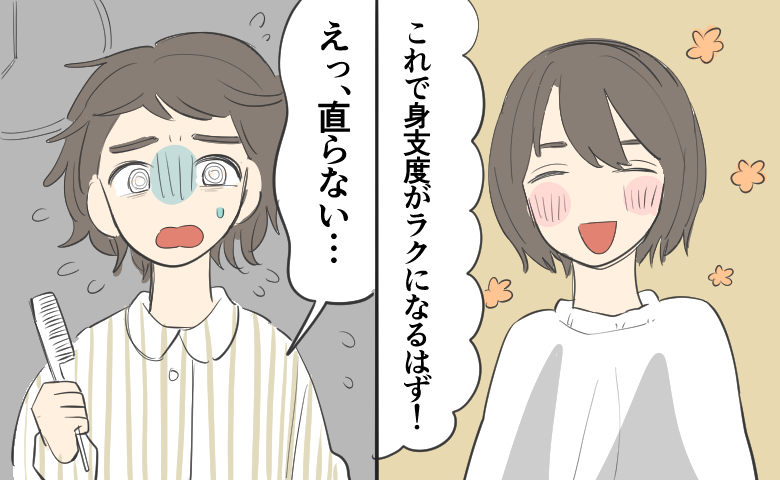 「これで身支度がラクになるはず」と喜ぶ女性だが、次のシーンでは右手に櫛を持ち、ボサボサの頭で「えっ、直らない…」と青ざめている様子。