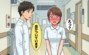 同世代の男性医師に指摘をされる女性のイメージ
