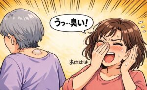母の背中のできものから飛び出した液体が顔面に直撃した女性のイメージ