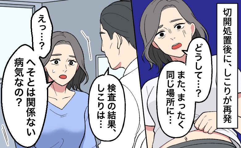 切開処置後に同じ場所のしこりが再発し、「どうして…？」と不安になる女性と、検査結果を説明する医師に「へそとは関係ない病気なの？」と驚いている様子。
