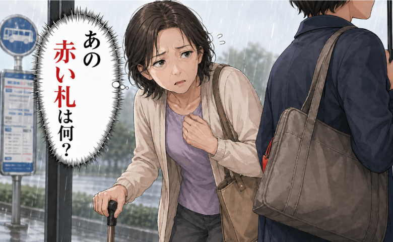 赤い札を見かけて、それはどのようなものか気になる女性のイメージ