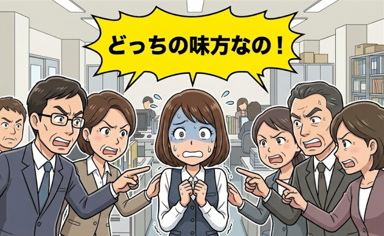 職場内での両派閥から迫られる女性のイメージ