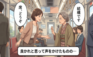 高齢女性に席を譲る女性
