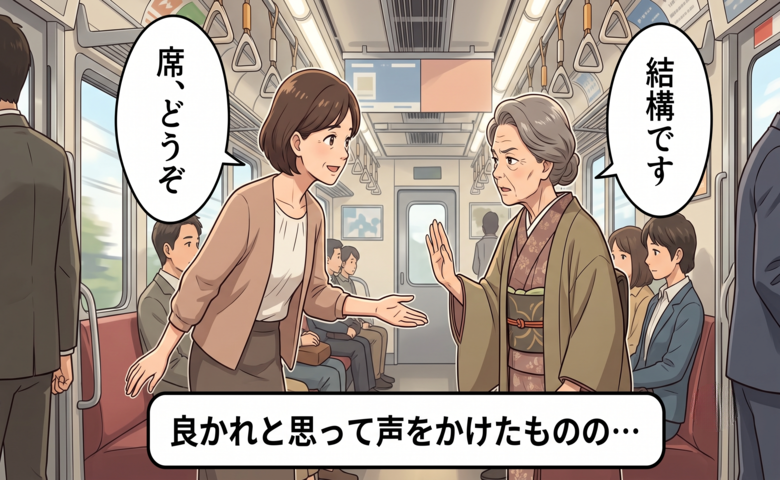 高齢女性に席を譲る女性