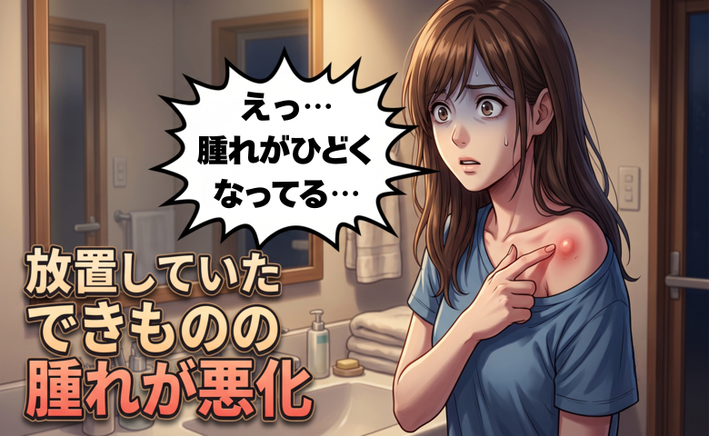 左肩にあるできものの腫れが悪化して青ざめる女性