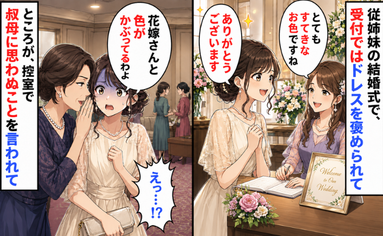 花嫁さんとドレスの色がかぶっていることが判明した女性のイメージ