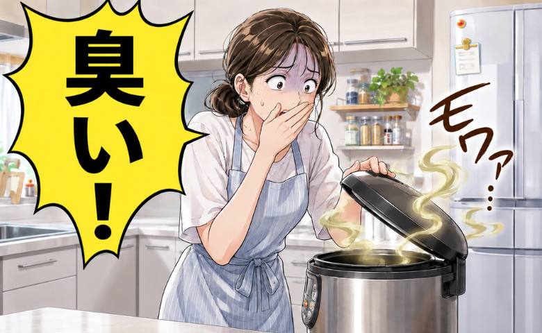 炊き込みご飯からただようにおいに驚く女性のイメージ