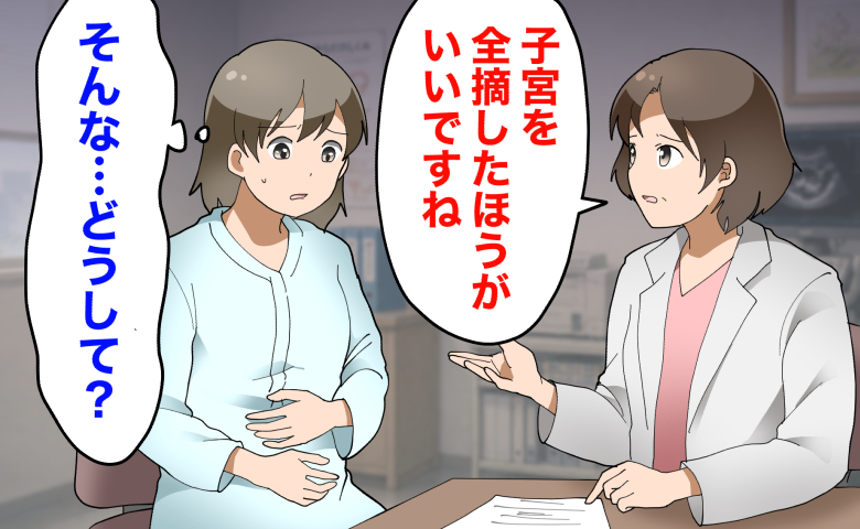 診察室で、医師から「子宮を全摘したほうがいいですね」と告げられ、不安そうにお腹をさすりながら「そんな…どうして？」とショックを受けている女性のイラスト。