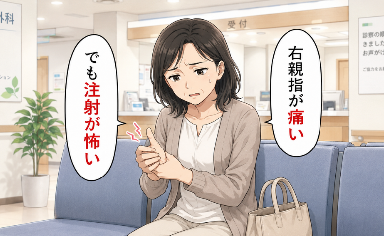 6年間続く痛みと、注射の恐怖について考える女性のイメージ