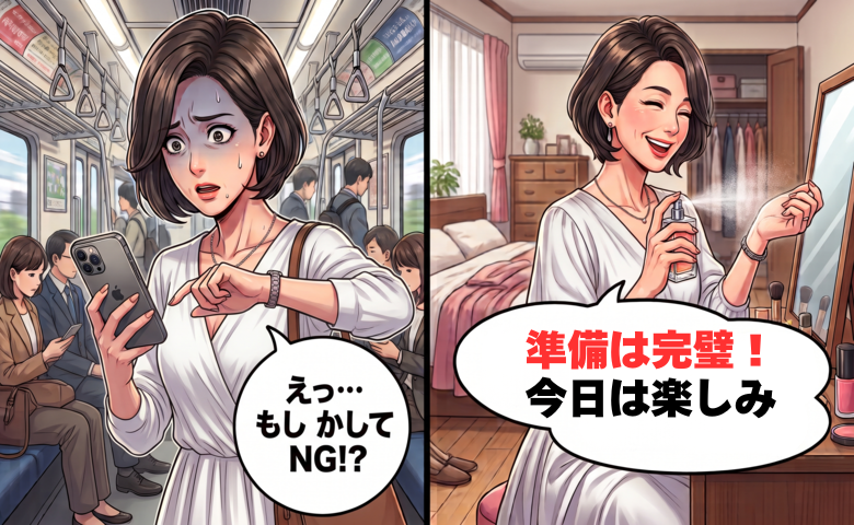 カウンターの寿司店デートに向かうアラフィフ女性
