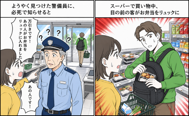 万引き犯がいたことを警備員に伝える女性のイメージ