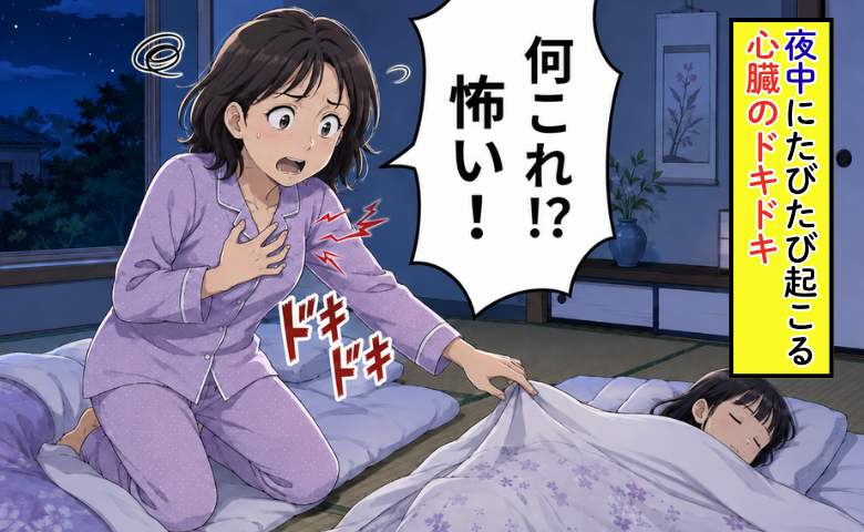夜間の突然の動悸に恐怖を感じる女性のイメージ