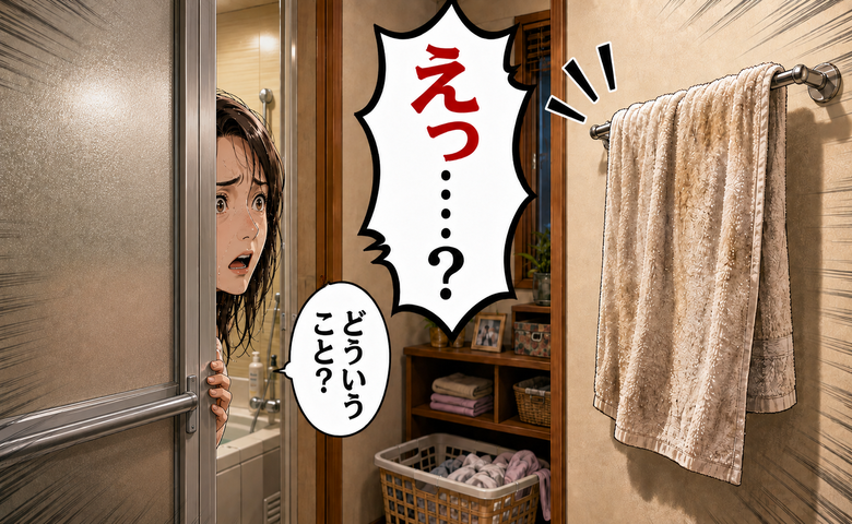 義実家で入浴後、1枚のバスタオルを見て驚く女性